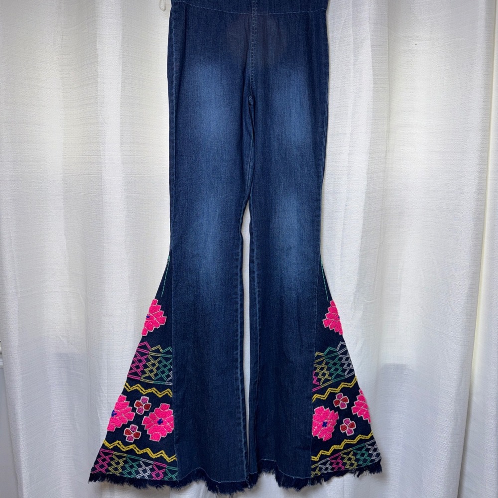 Judith March Womens Embroidered Floral Flare Jeans Medium Wash Boho Blue Size M